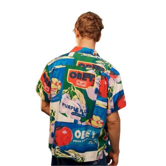 OBEY Fruit Cans Shirt S NWT Graphic Print Camp Collar Festival Streetwear - Picture 2 of 12